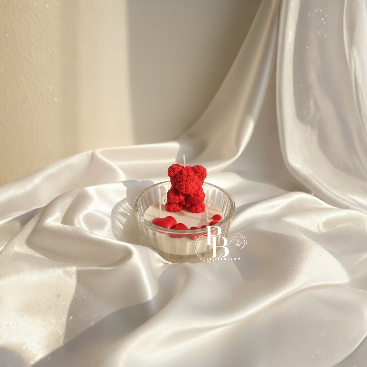 Romantic Rose Teddy Bear Candle with Heart Accents