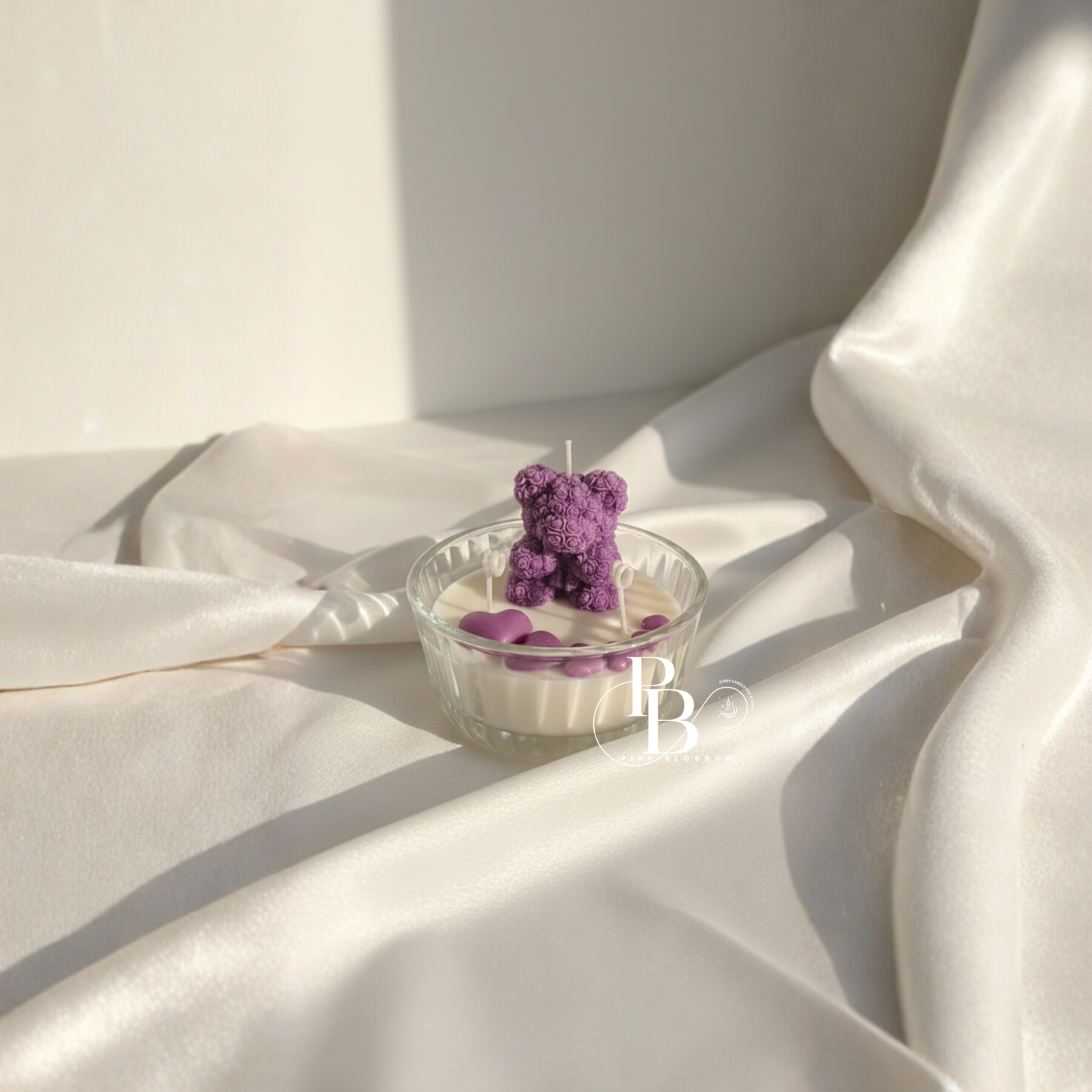 Romantic Rose Teddy Bear Candle with Heart Accents