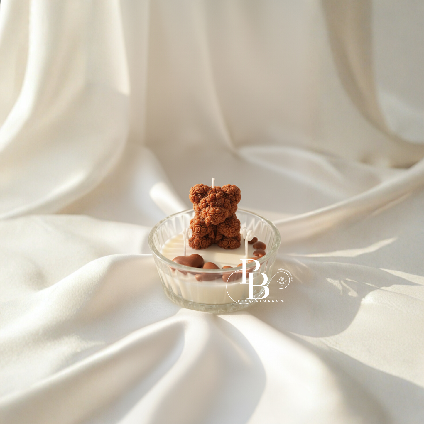 Romantic Rose Teddy Bear Candle with Heart Accents