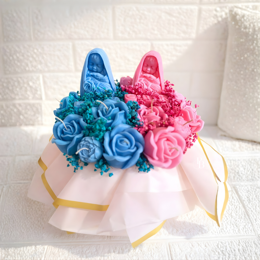 Twin Baby Shower Special Floral Candle Bouquet – Boy & Girl Theme Gift Hamper