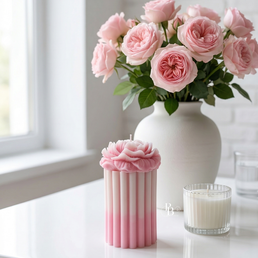 Luxury Rose Bloom Pillar Candle – Handmade Floral Scented Candle for Home Décor & Gifting | Elegant Pink Aesthetic Candle