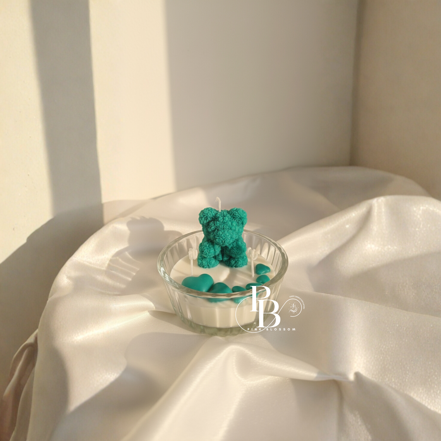 Romantic Rose Teddy Bear Candle with Heart Accents