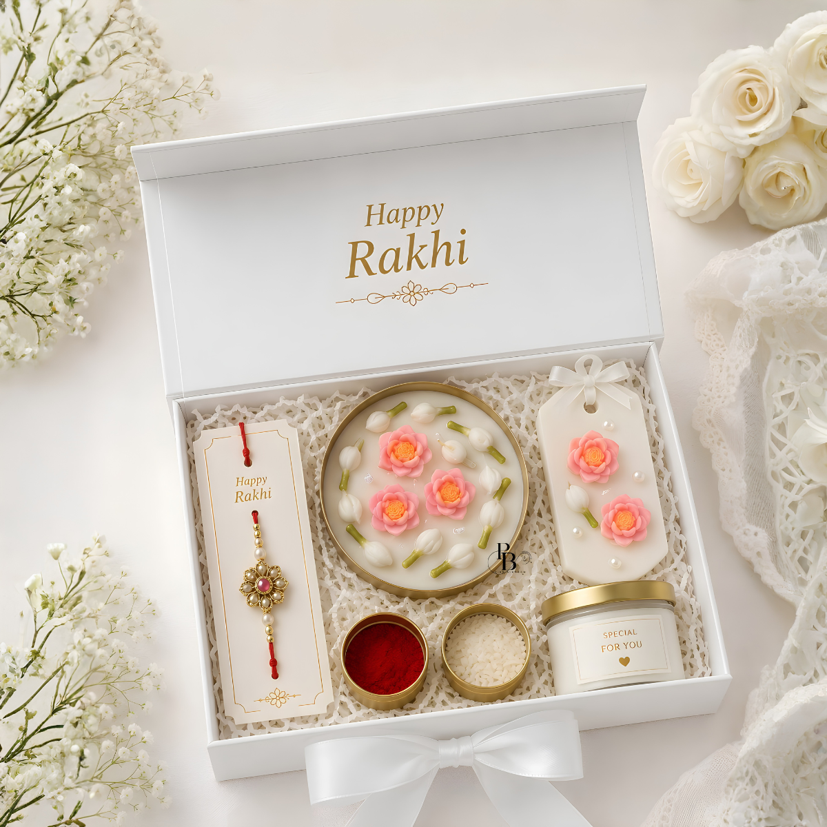 Pink Blossom™ Blush Blossom Luxury Raksha Bandhan Gift Hamper | Premium Rakhi Gift Box with Lotus Candles & Floral Aroma Sachet