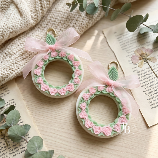 Blush rose floral wreath aroma sachet with pink ribbon and ring of small roses