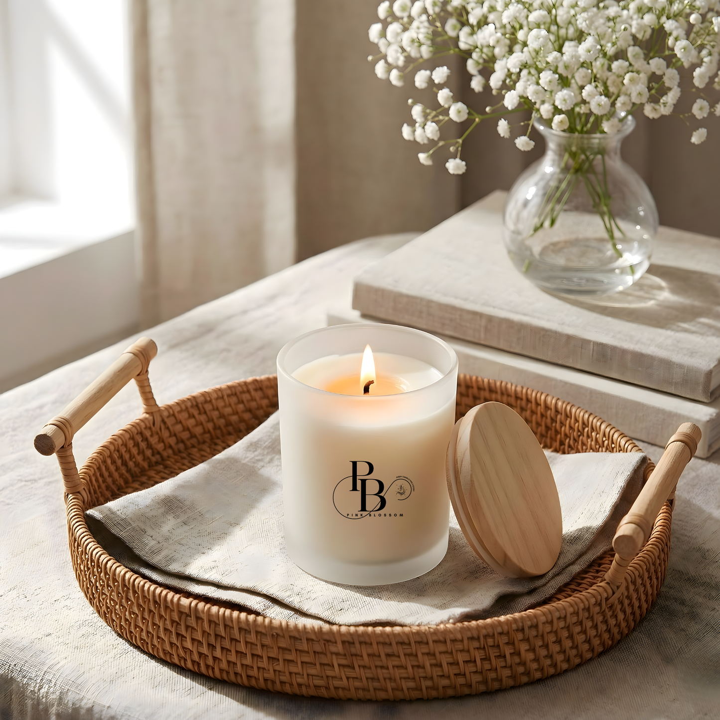 Luxury Scented Soy Wax Candle in Frosted Glass Jar with Wooden Lid