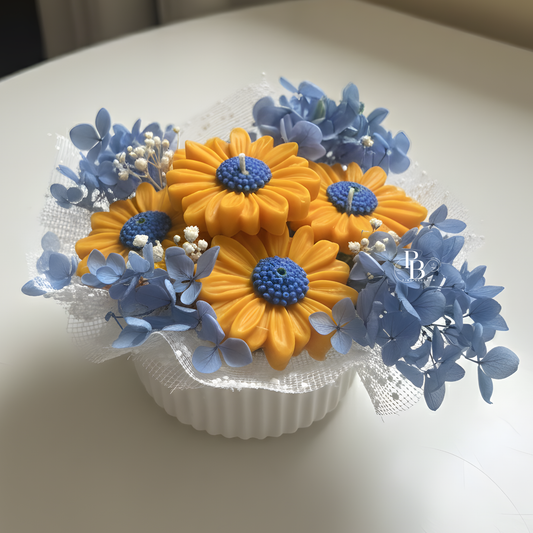 Blue & Yellow Daisy Candle Bouquet | Handcrafted Luxury Flower Arrangement