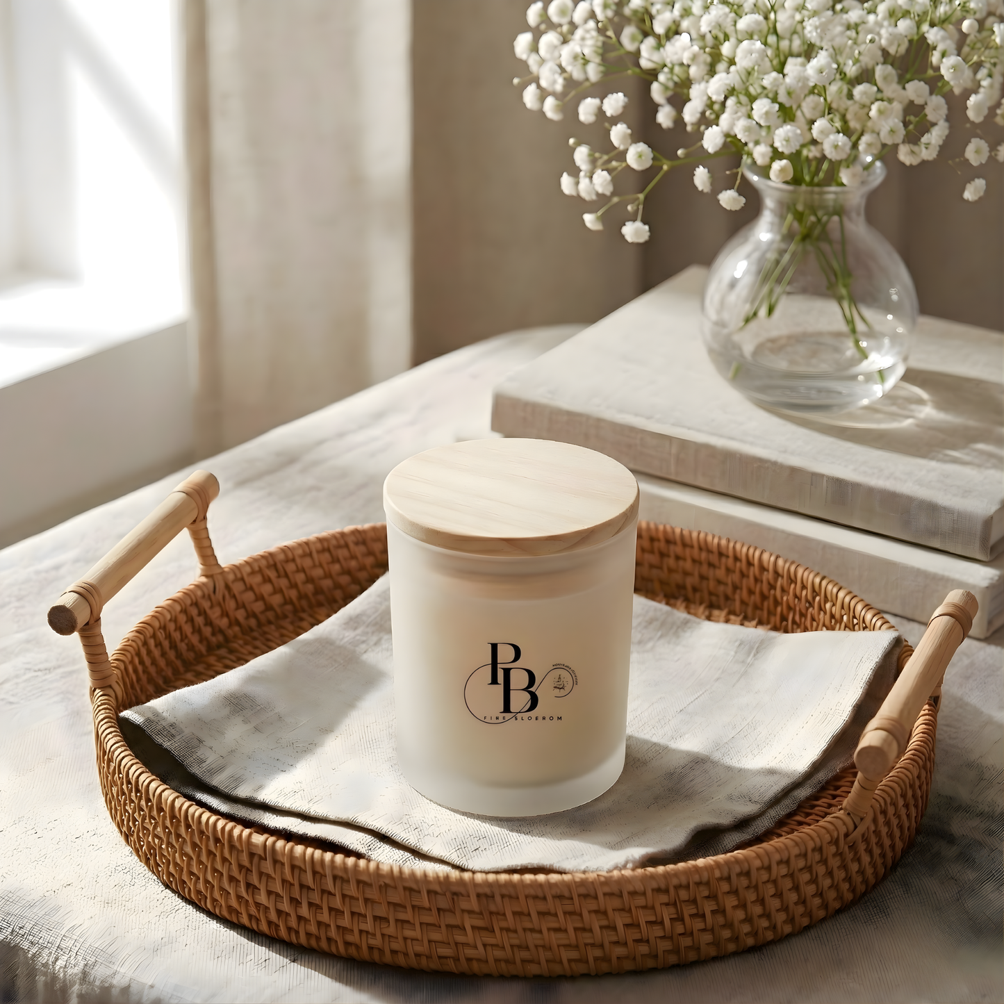 Luxury Scented Soy Wax Candle in Frosted Glass Jar with Wooden Lid
