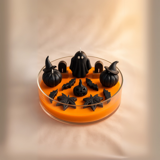 Luxury Halloween Candle | Ghost & Pumpkin Witch Hat Design | Handcrafted Black & Orange Decor
