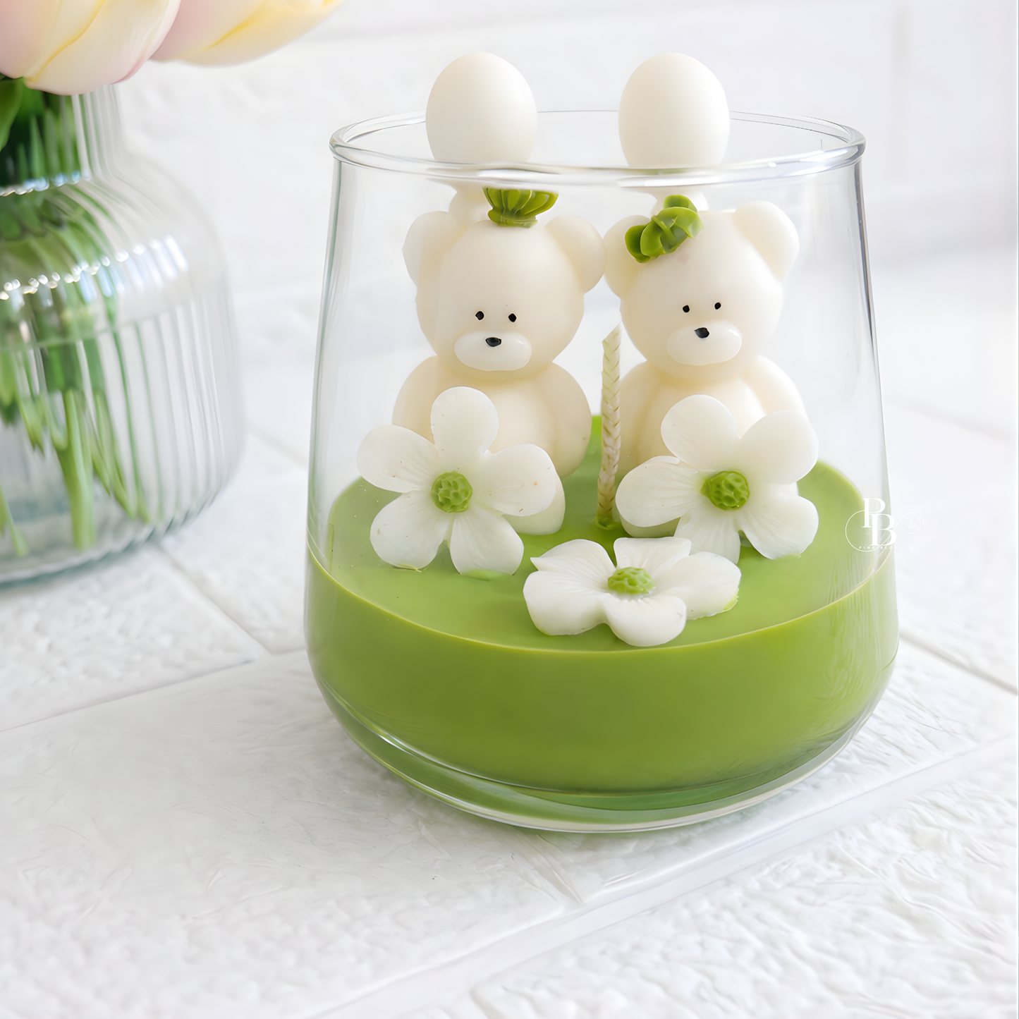 Cute Teddy Bear Floral Candle in Glass Jar