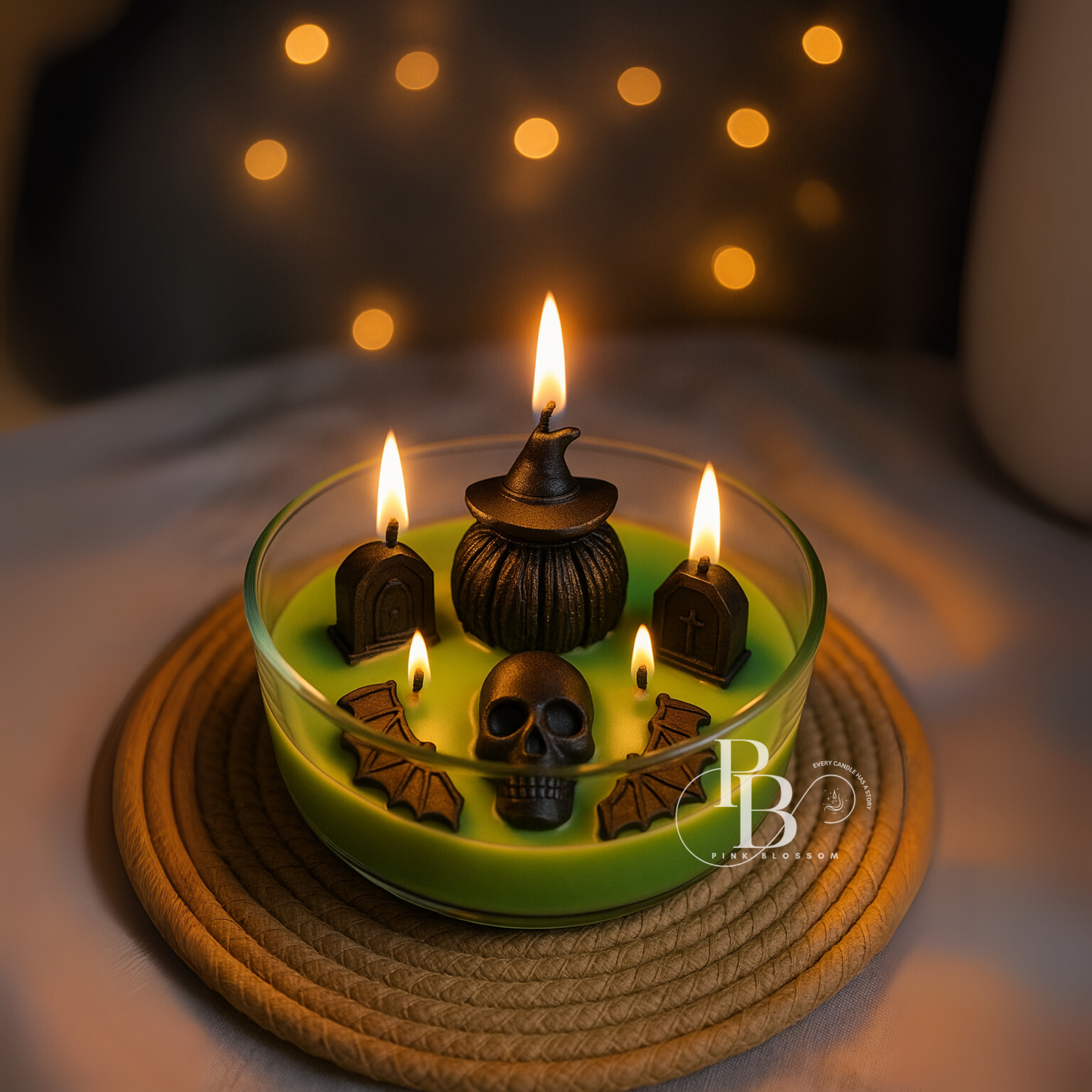 Luxury Halloween Candle Bowl – Handmade Green Wax Candle with Skull, Witch Hat & Bat Decor