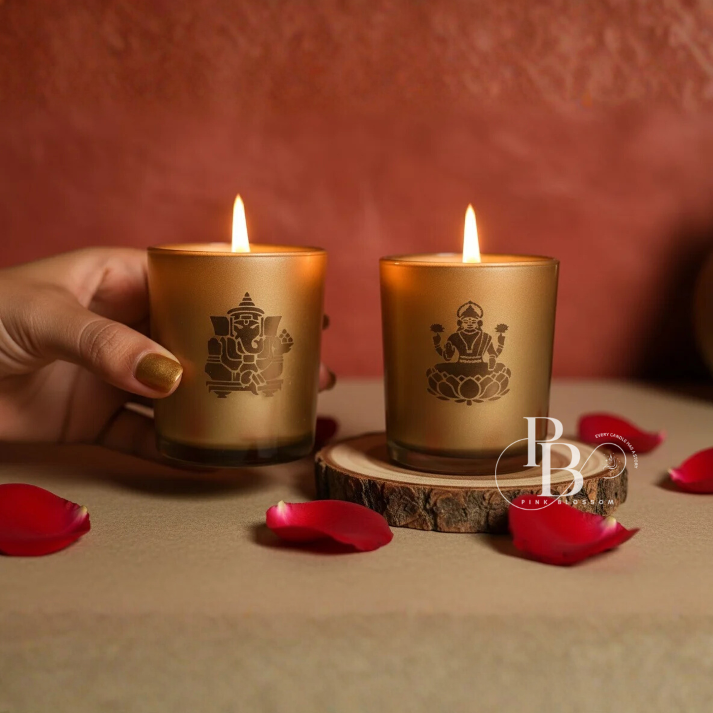 Shubh Labh Gold Glass Candle Set – Luxury Diwali Candles with Lord Ganesha & Goddess Lakshmi Design