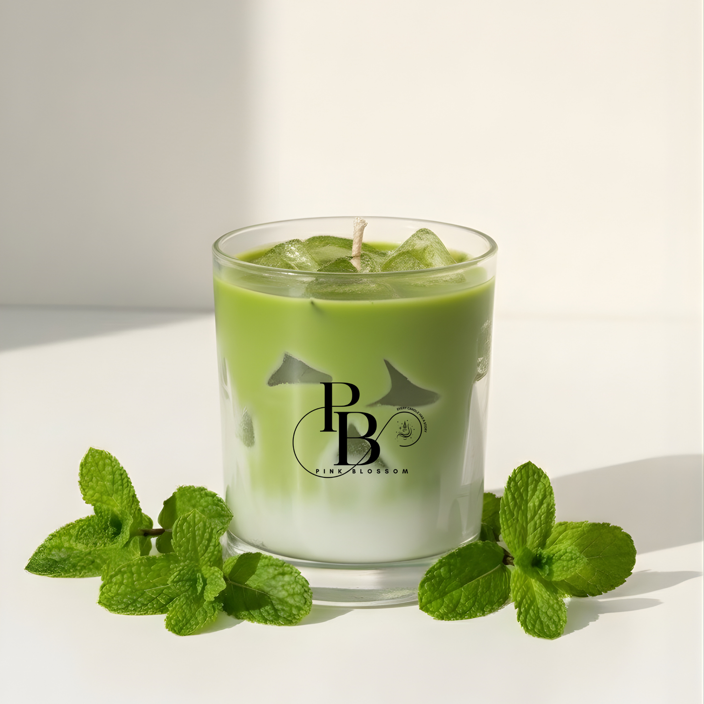 Mint-scent candle in clear glass with green wax and mint leaves