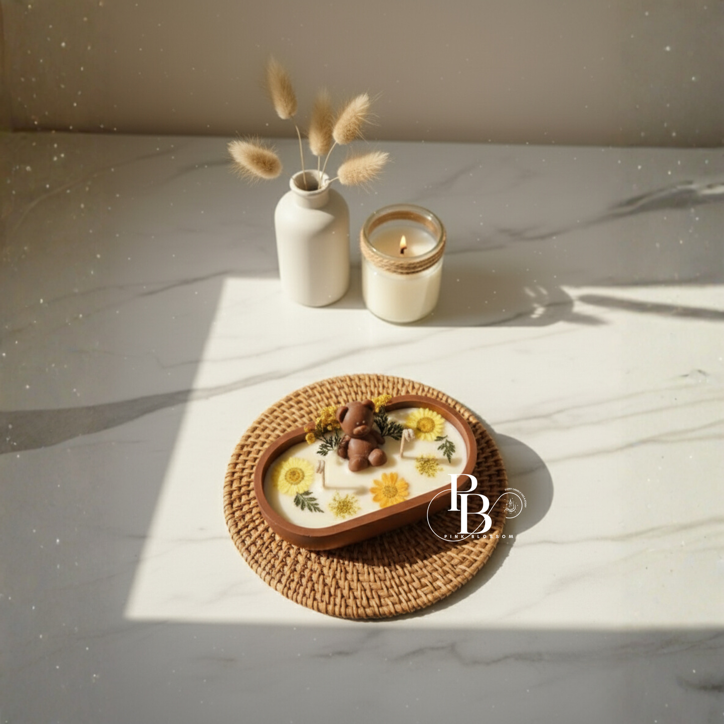 Luxury Teddy Bear Candle with Floral Design