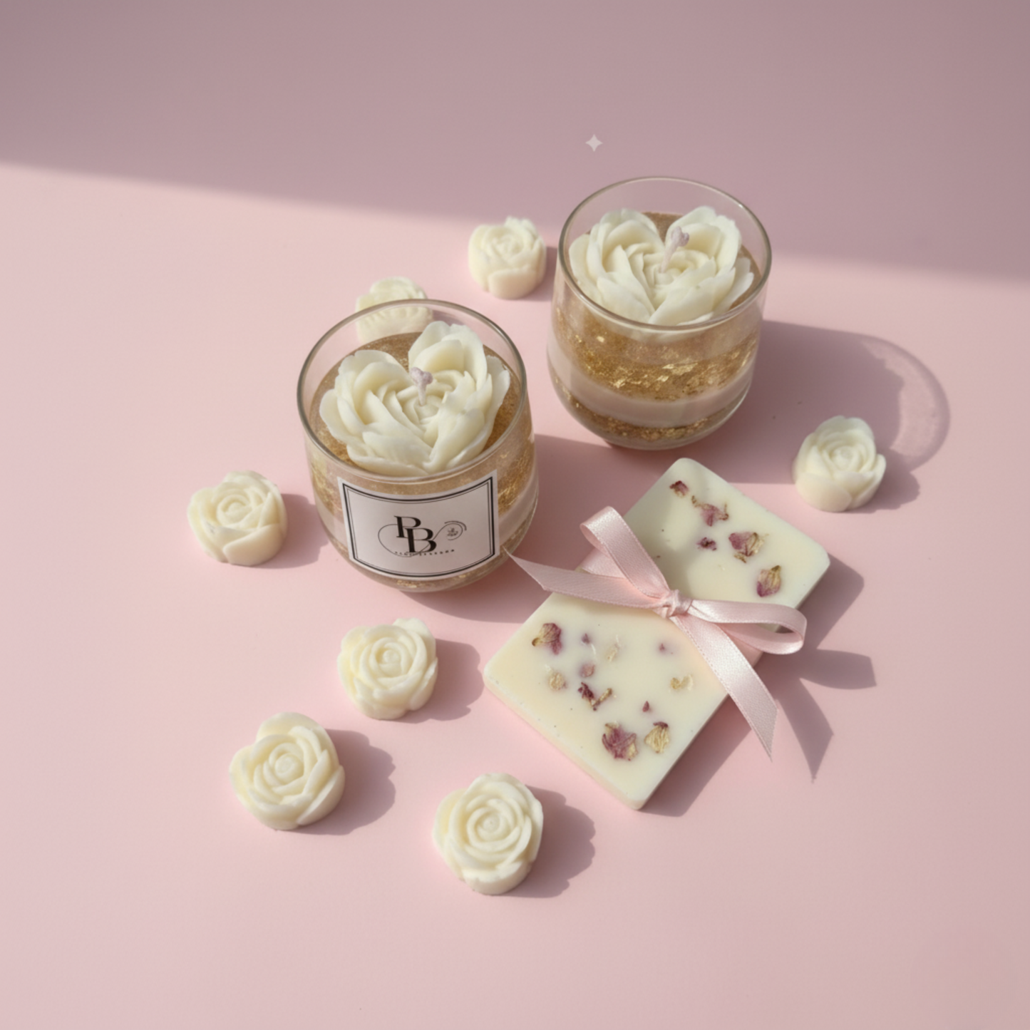 Luxury Handmade Floral Soy Candles & Wax Bar Gift Set | Elegant Rose Design, Gold Detailing, Natural Fragrance