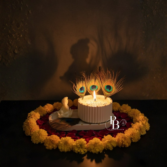 Peacock Feather Candle With Krishna Idol Sachet