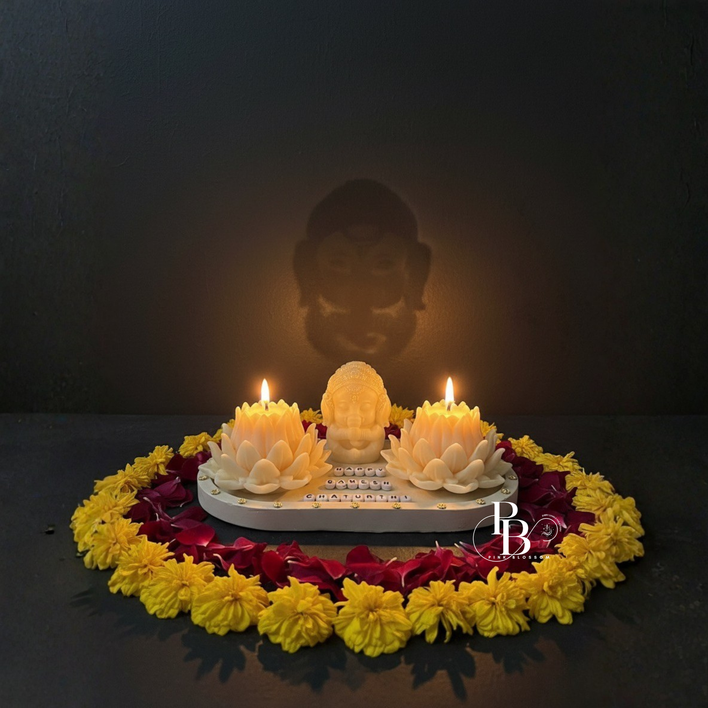 Luxury Ganesh Chaturthi Candle Set – Handcrafted Lotus Flower & Ganesh Idol Sachet