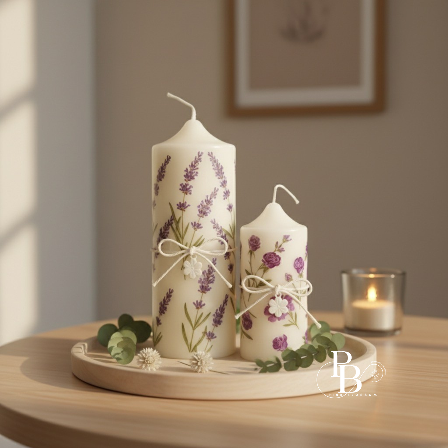 Handmade Botanical Pillar Candles Dried Flower Lavender Decor Combo Of 2