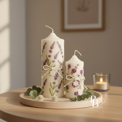 Handmade Botanical Pillar Candles Dried Flower Lavender Decor Combo Of 2