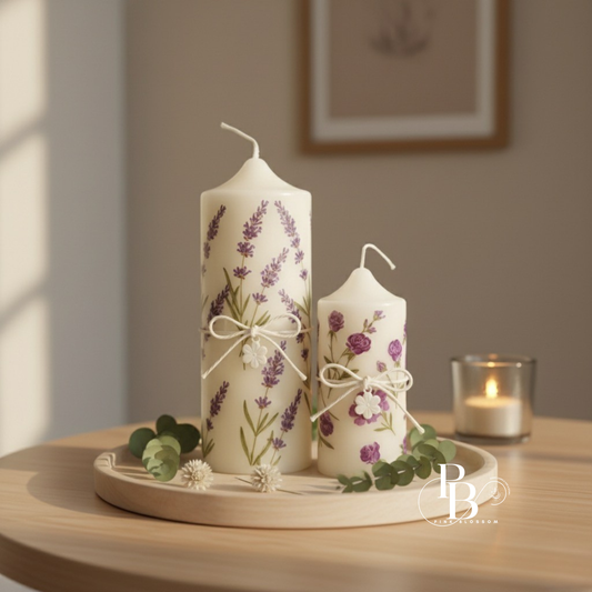Handmade Botanical Pillar Candles Dried Flower Lavender Decor Combo Of 2