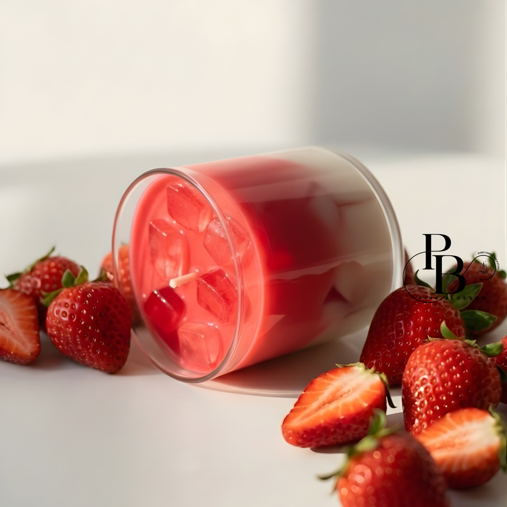 Strawberry-scent candle in clear glass with red wax and fresh strawberries