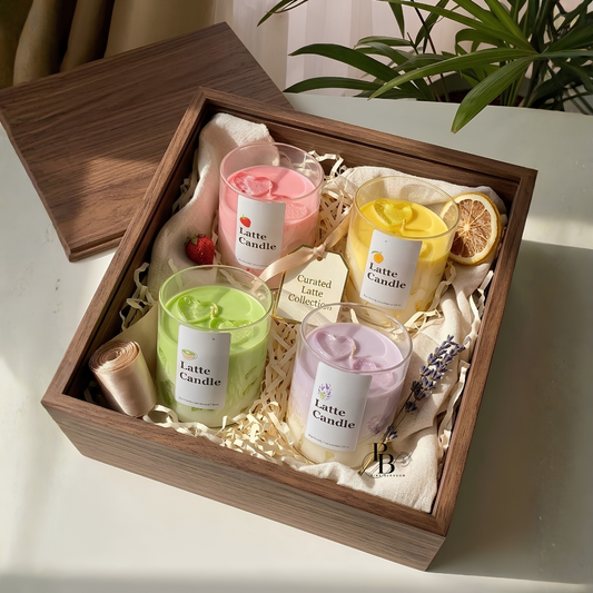 Luxury latte candle gift hamper with four pastel jar candles in wooden box