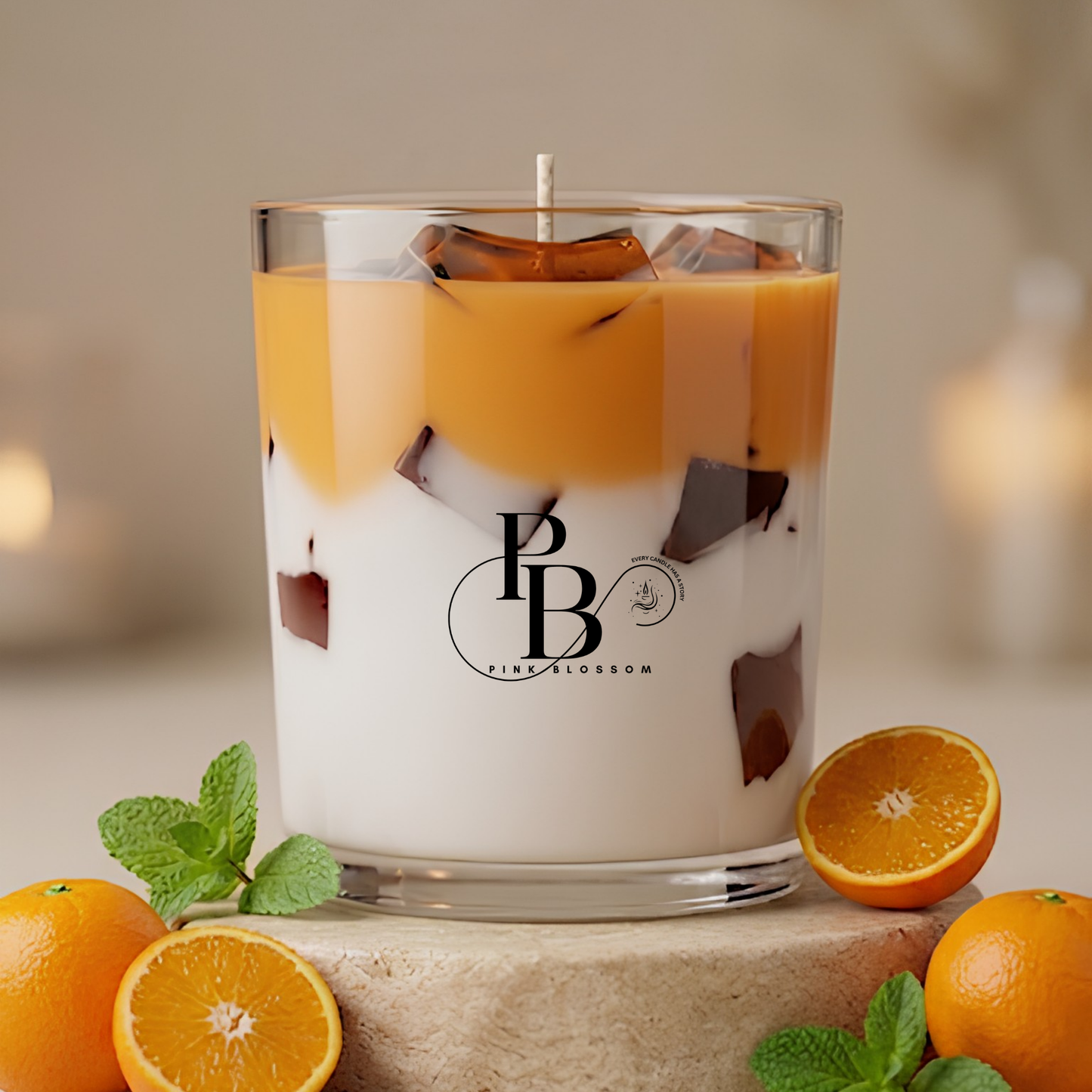 Orange-scent candle in clear glass with white and amber wax layers