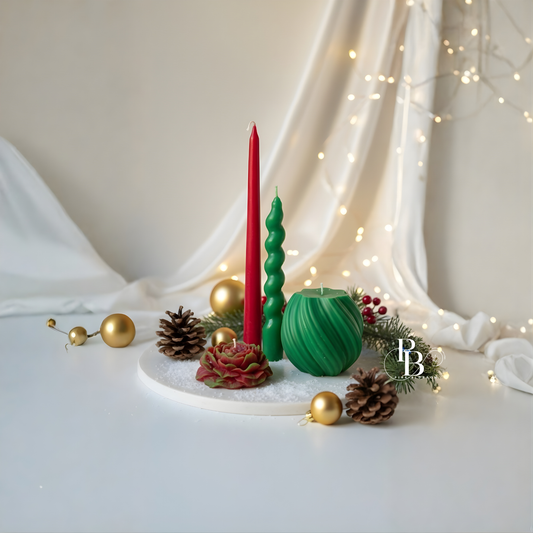 Luxury Christmas Candle Set – Premium Red & Green Holiday Candles | Pine Cone & Ornament Décor