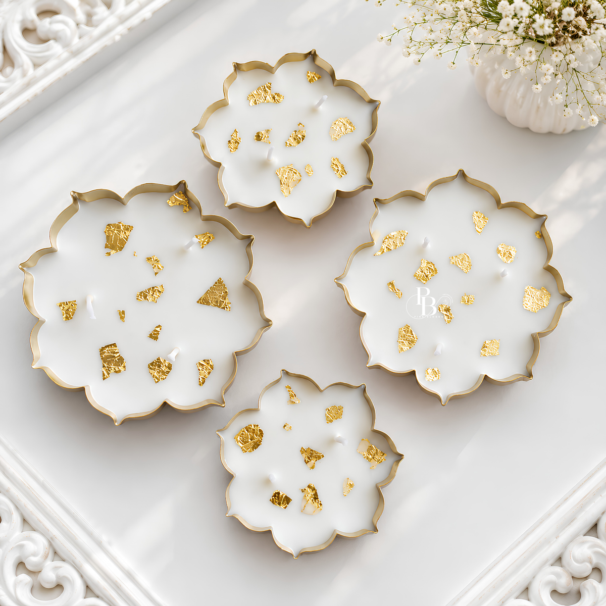Gold leaf luxe candle set: four white scalloped lids with gold leaf flecks