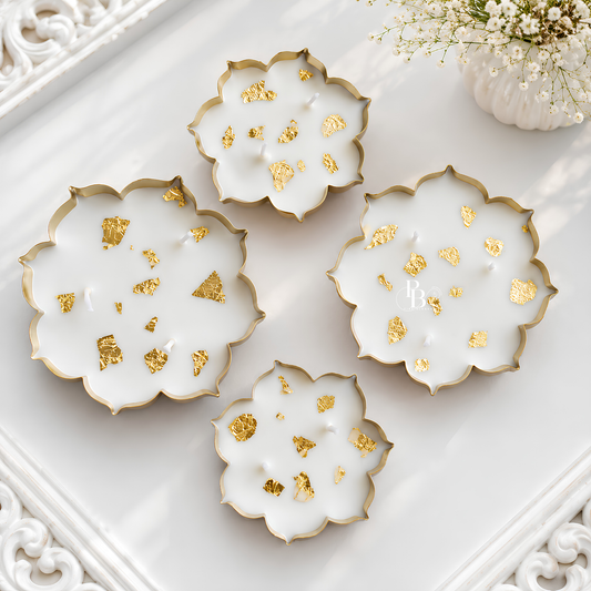 Gold leaf luxe candle set: four white scalloped lids with gold leaf flecks