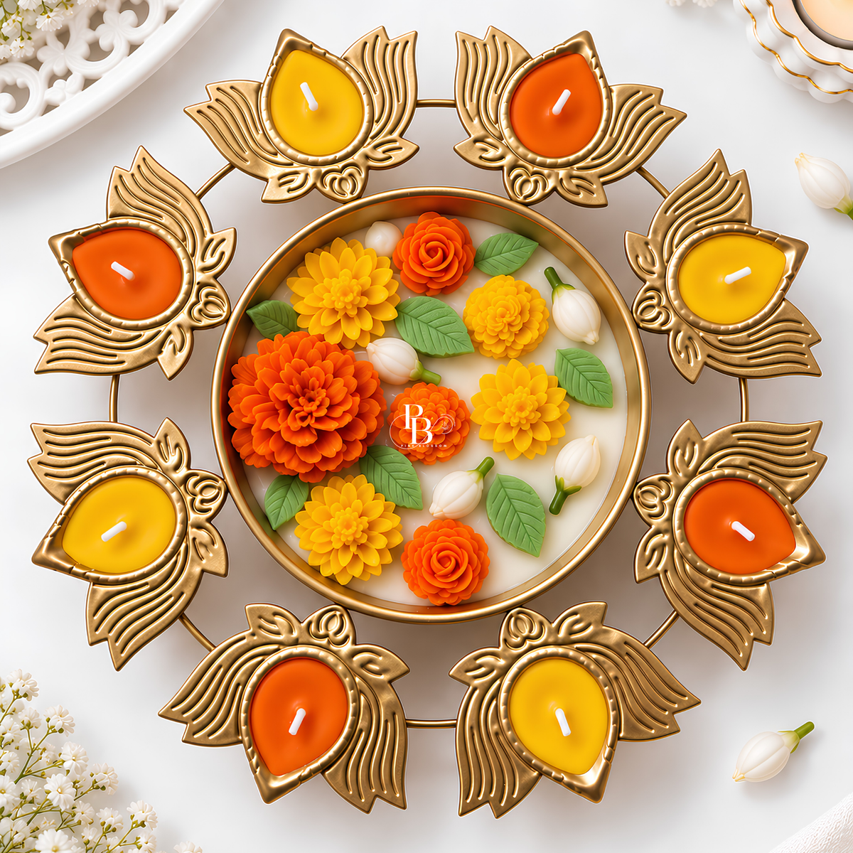 Mandala-style decorative candle with gold floral frame and multicolor wax cups