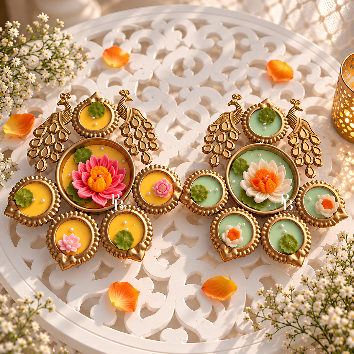 Decorative candle with gold floral medallion design and multicolor lotus flowers
