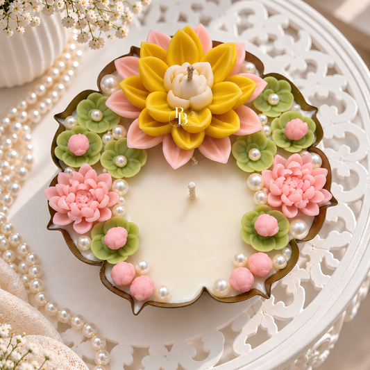 Heart-shaped decorative candle with yellow pink green lotus petals and pearl accents