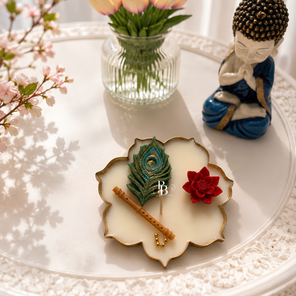 Murali Manohar™ decorative candle on round tray, peacock feather and red flower wax