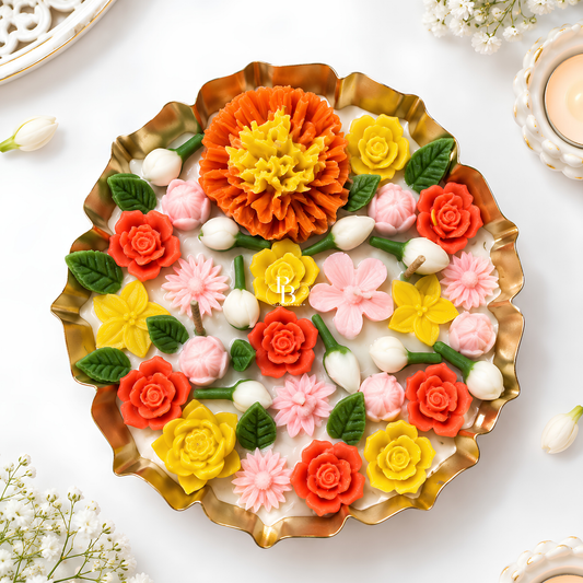 Floral decorative candle with orange, pink and yellow flowers on white wax, gold rim