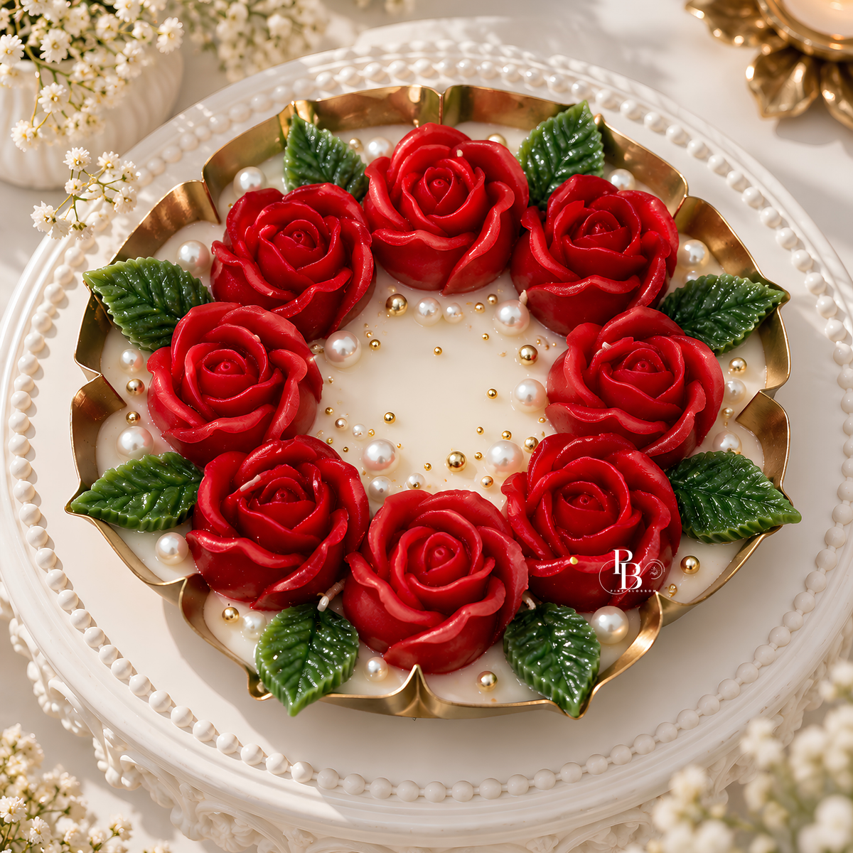 Rouge Couronne™ decorative candle with red rose topper, gold tray, pearl beads, green leaves